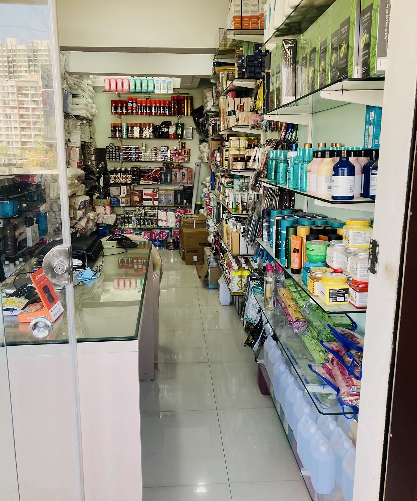 A long aisle of haircare, skincare and salon products